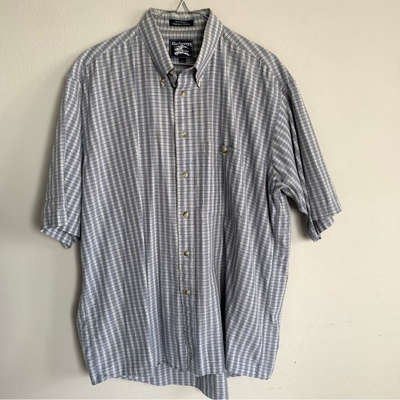 Vintage Burberry Men's Large Button Up Short Sleeve Blue Check Cotton Summer - Picture 1 of 7